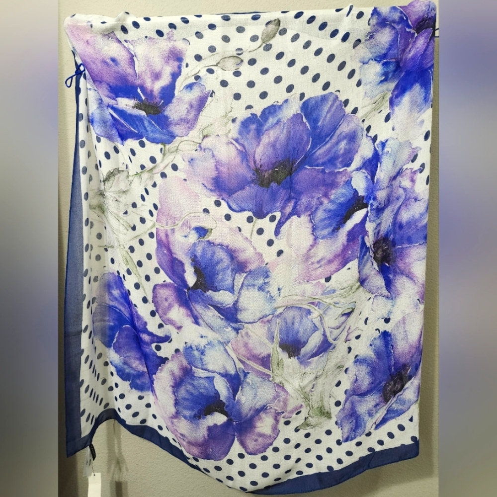 NWT Talbots blue polka dot & purple floral modal large scarf shawl 36" x 36"